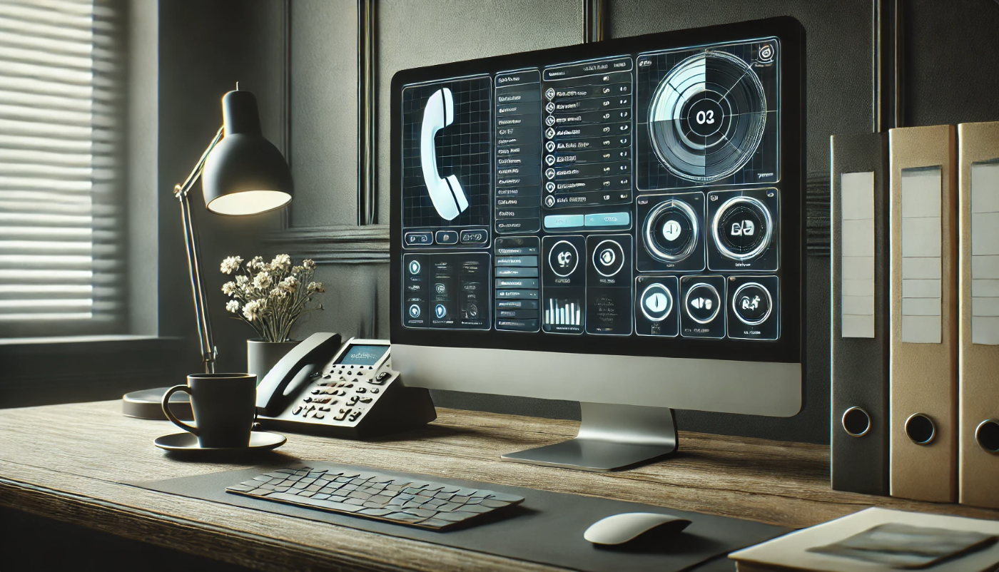 현대적인 사무실에서 AI 통화 관리 앱을 표시하는 컴퓨터