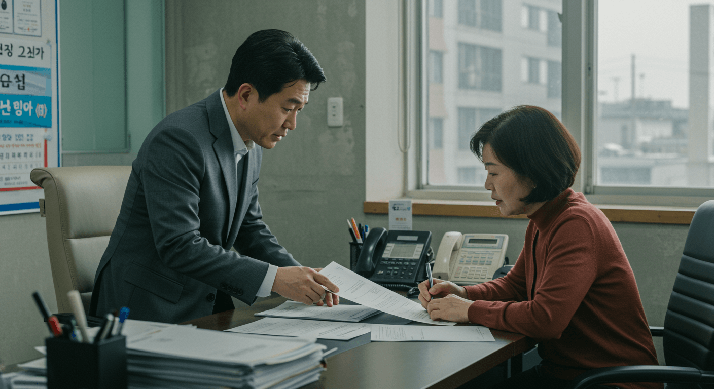 부모가 주민센터에서 환경보건이용권 사용 유의사항을 듣는 모습 3