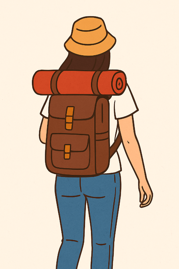 Young woman with long hair, seen from behind, wearing a yellow bucket hat and carrying a large brown backpack with a red-orange sleeping mat, ready for a backpacking trip.
