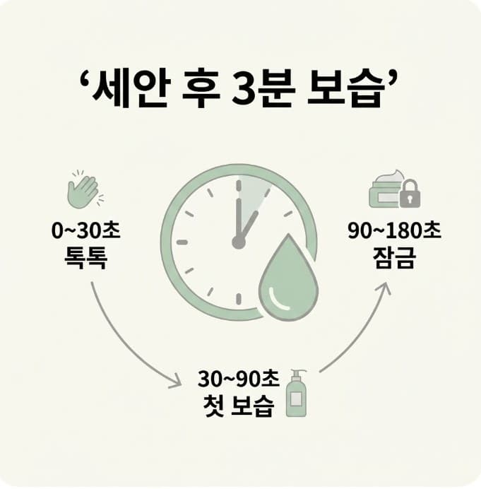 세안 후 3분 안에 보습을 시작하는 골든타임 루틴 3단계를 정리한 인포그래픽