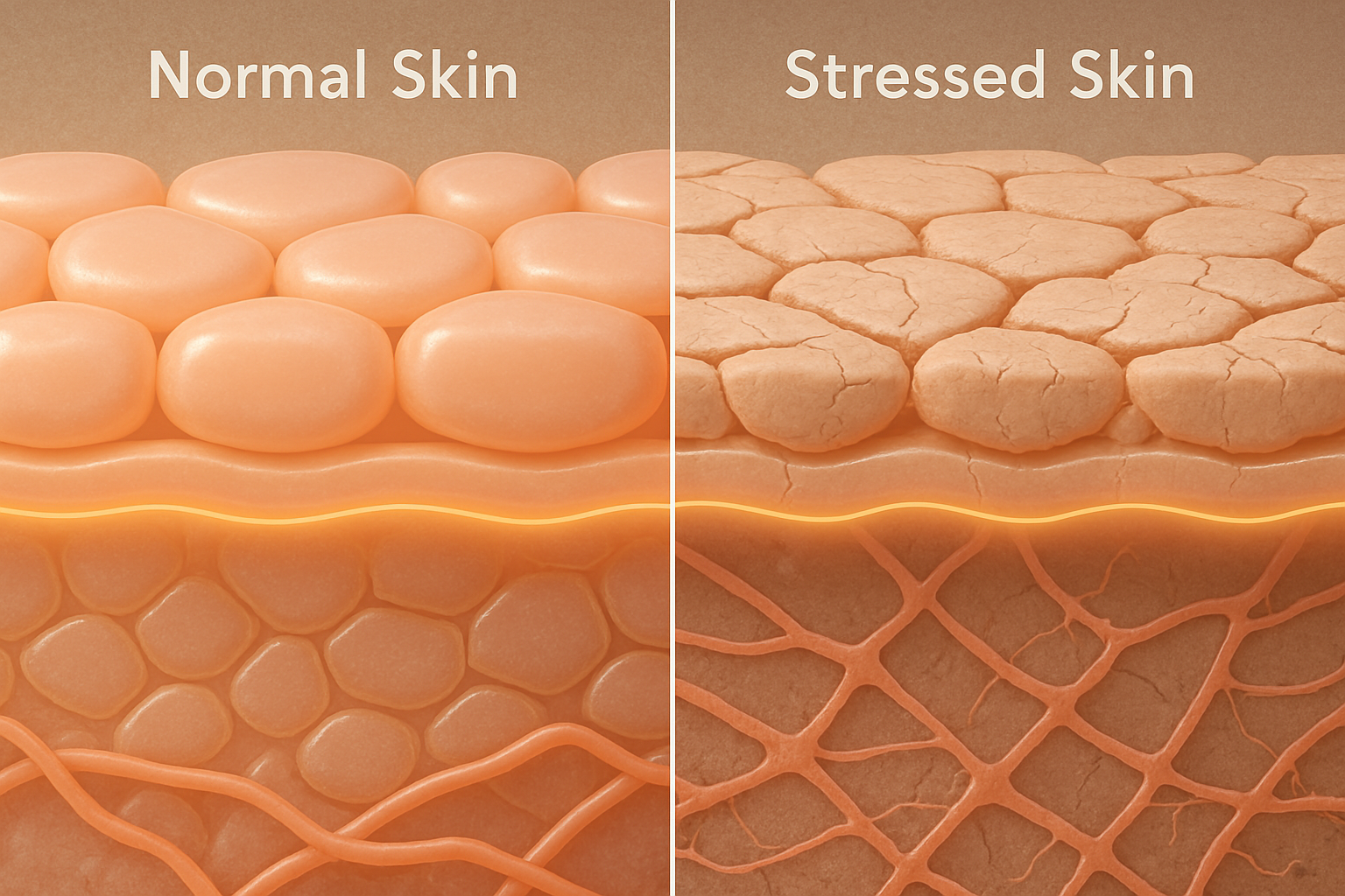 스트레스로 인한 피부 변화를 보여주는 비교 이미지(피부 장벽, 콜라겐 구조 등)