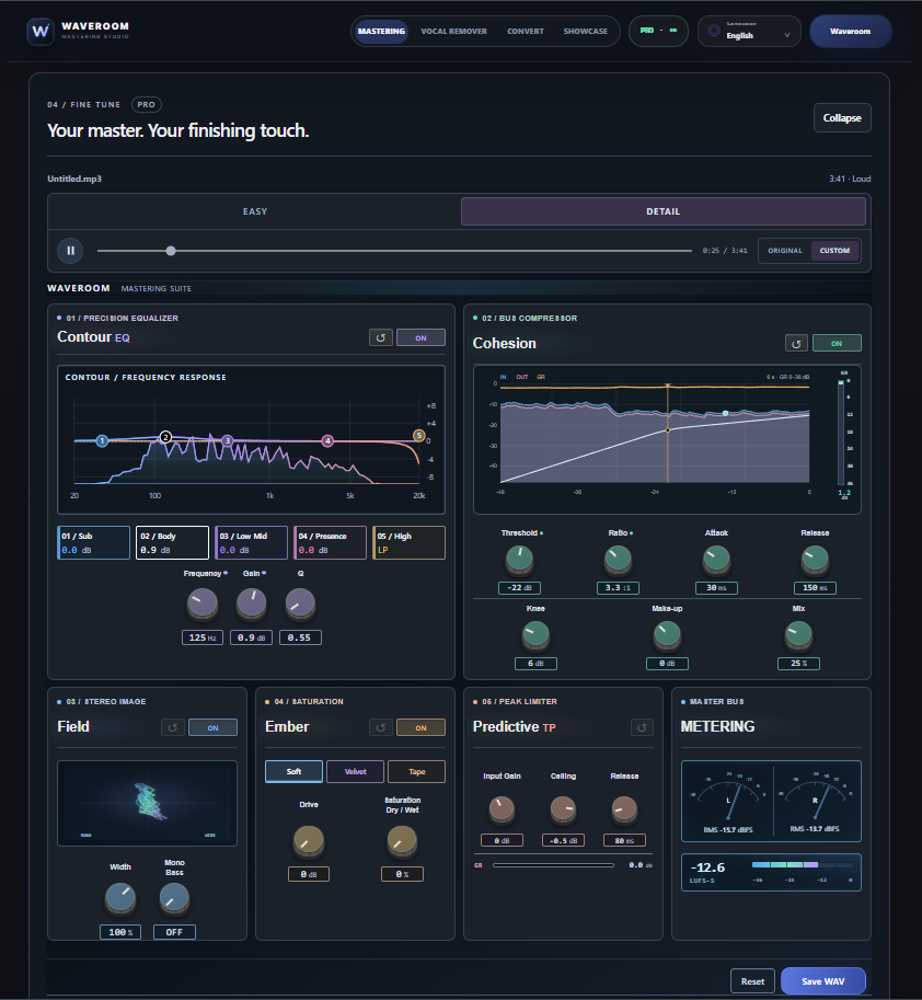 Waveroom Detail 모드의 5밴드 EQ, 컴프레서, Field, Ember, 리미터와 미터링