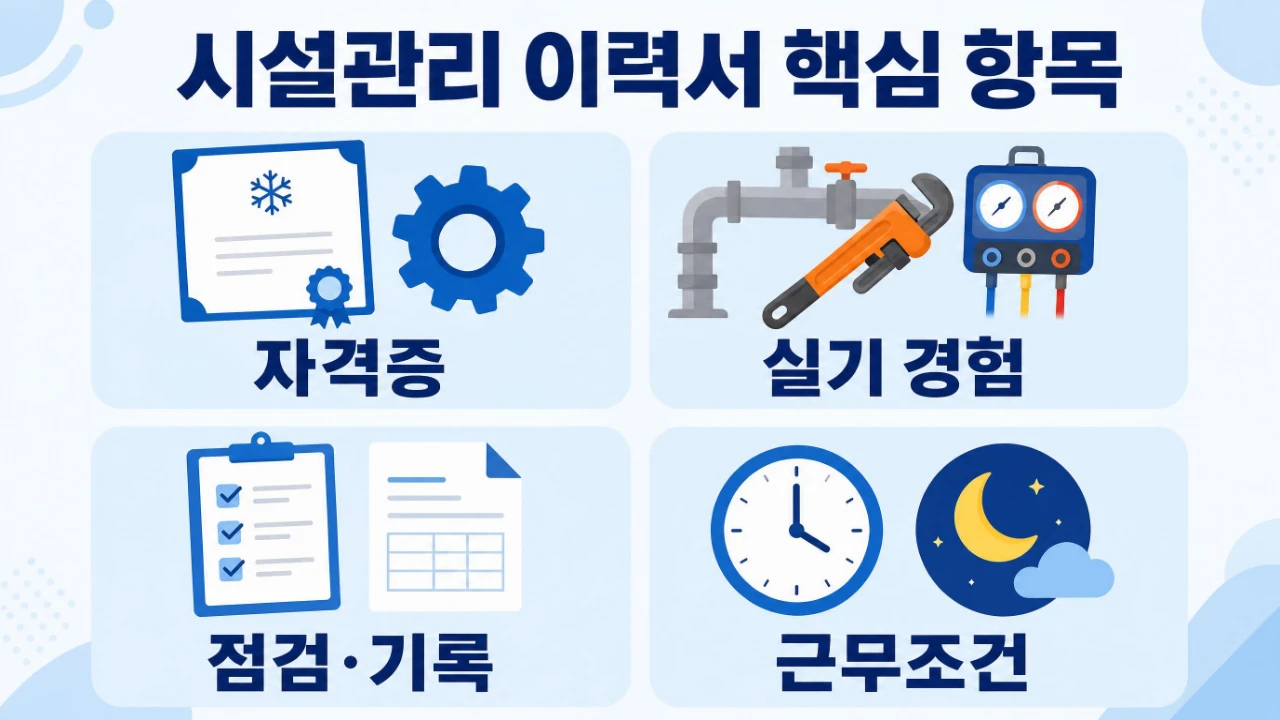 시설관리 이력서에 자격증과 실기 경험, 근무조건을 작성하는 순서를 정리한 이미지