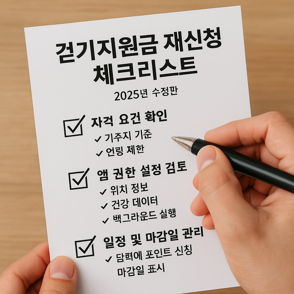걷기지원금 참여자용 체크리스트 문서를 스마트폰과 함께 책상 위에 놓고 검토하는 모습. 신청 조건과 루틴 관리 방법이 표 형식으로 인쇄되어 있어, 철저한 준비를 강조하는 장면