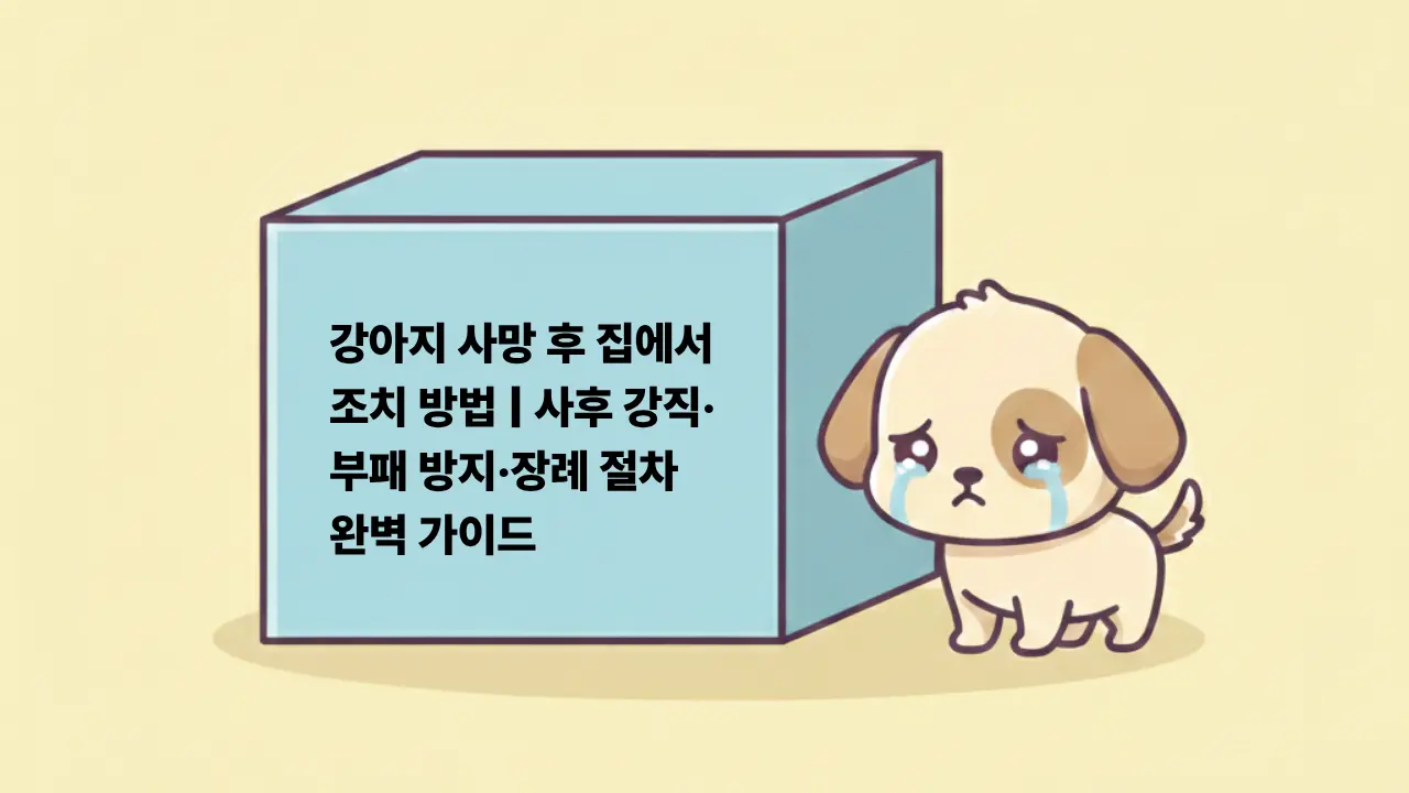 강아지 사망 후 슬픔에 잠긴 강아지가 박스 옆에 서 있는 일러스트 이미지. 강아지 사후 처치 및 장례 절차 가이드를 연상시킵니다.