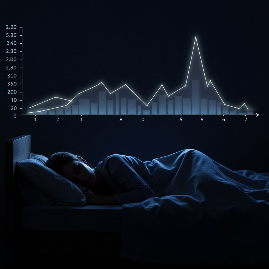 안정적인 야간 혈당 그래프 아래에서 한 사람이 평화롭게 잠들어 있는 모습. 인공 췌장이 가져다주는 수면의 질 향상과 심리적 안정감을 상징.