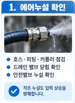 가장 먼저 에어가 새는 곳이 없는지 확인합니다