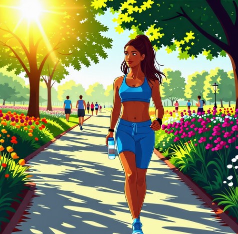 여성이 공원에서 걷기 운동을 하고 있습니다.