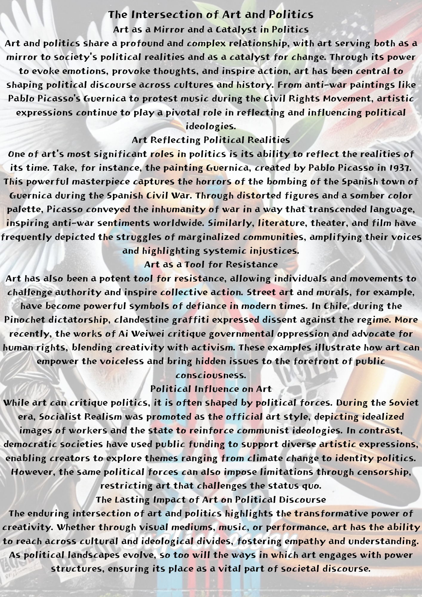 Example Essay on "The Intersection of Art and Politics""예술과 정치의 교차점" 예시 에세이