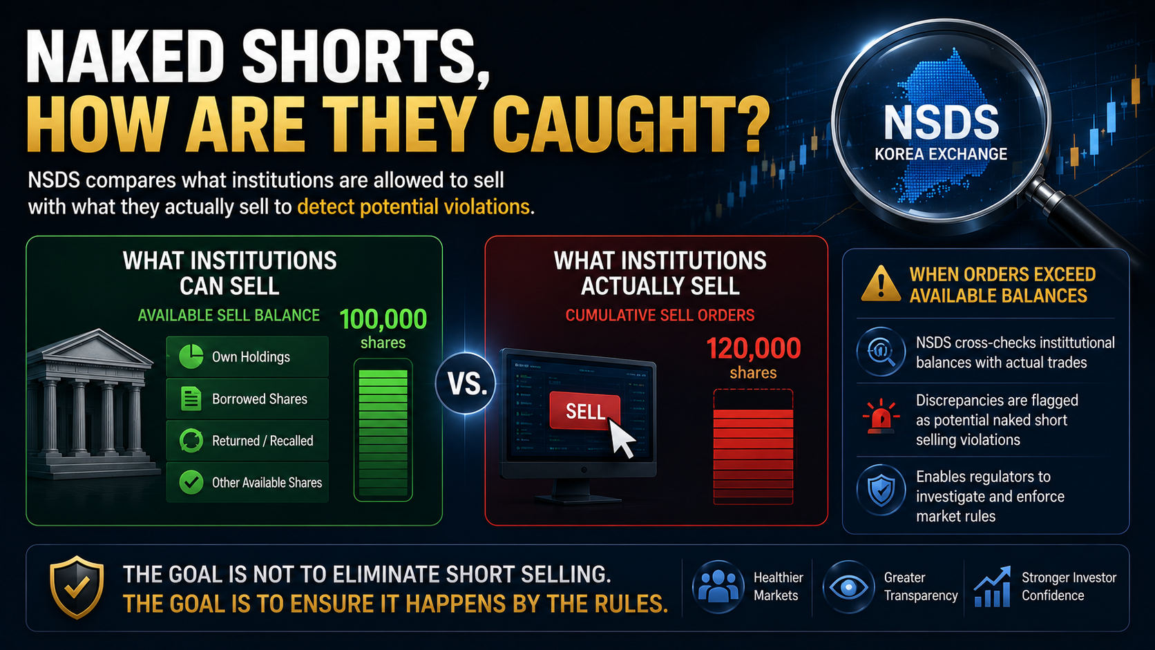 NSDS comparing available institutional share balances with actual sell orders to detect naked short selling