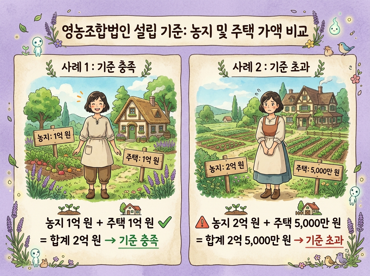 업인 농지 재산 기준 초과 미달 사례 비교 인포그래픽