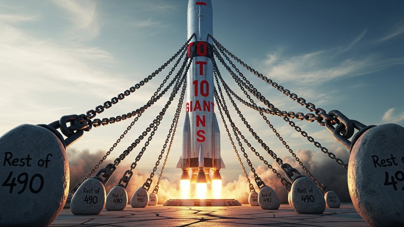 거대한 로켓(TOP 10)이 하늘로 솟구치는데, 무거운 모래주머니(나머지 490개 기업)를 주렁주렁 달고 있어서 못 올라가는 동일가중 ETF의 모습