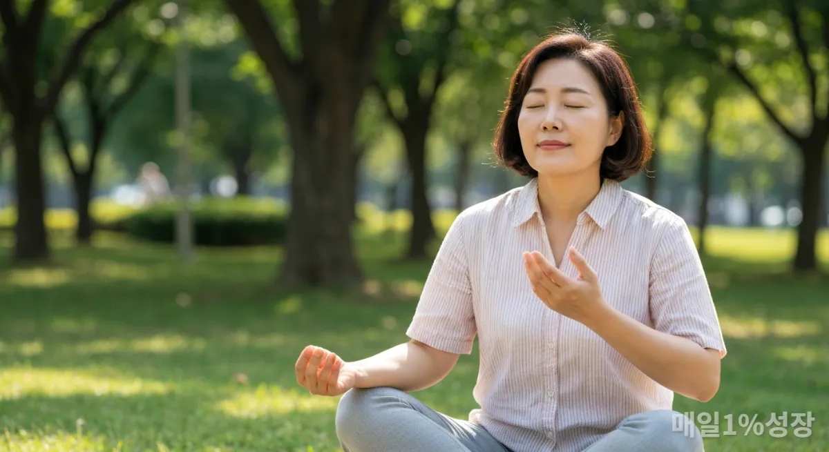 조용한 공원에서 명상하며 평화로운 표정을 짓는 40대 한국인 여성