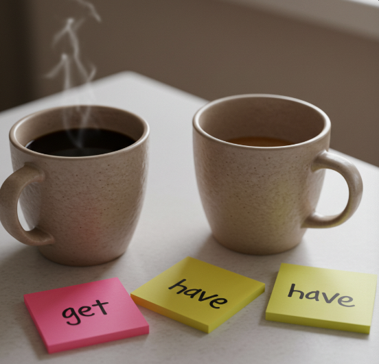 머그잔 두개 커피가 담겨있고 앞에 메모지에 get, have 표현이 적혀 있음