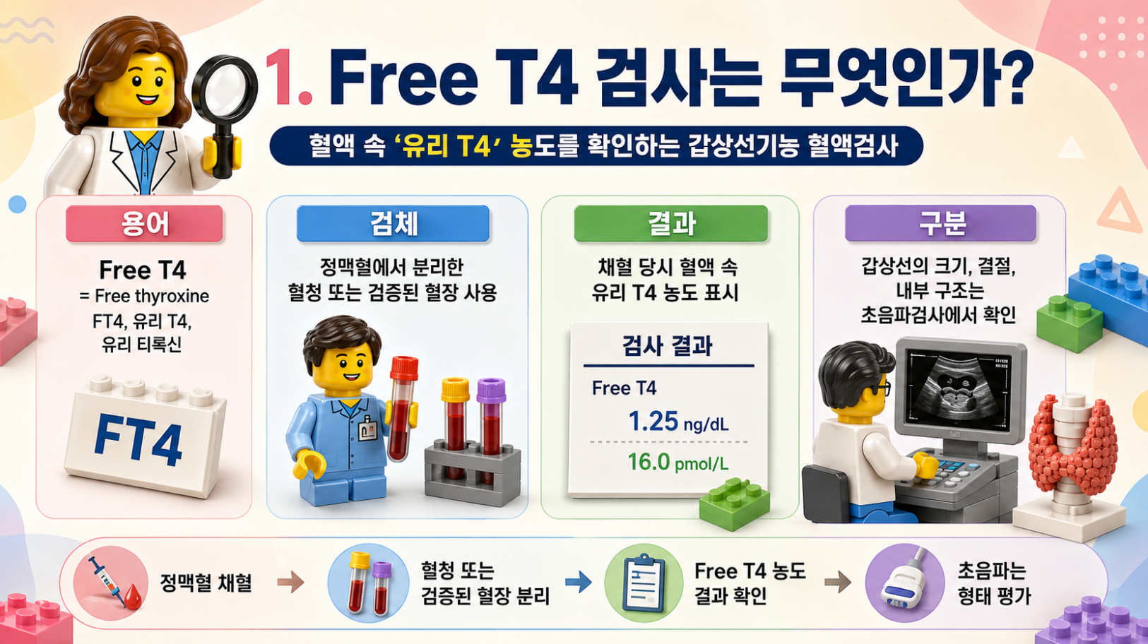 Free T4 검사의 정의와 혈청·혈장 검체, 유리 티록신 측정 원리를 설명하는 레고 메디컬 인포그래픽