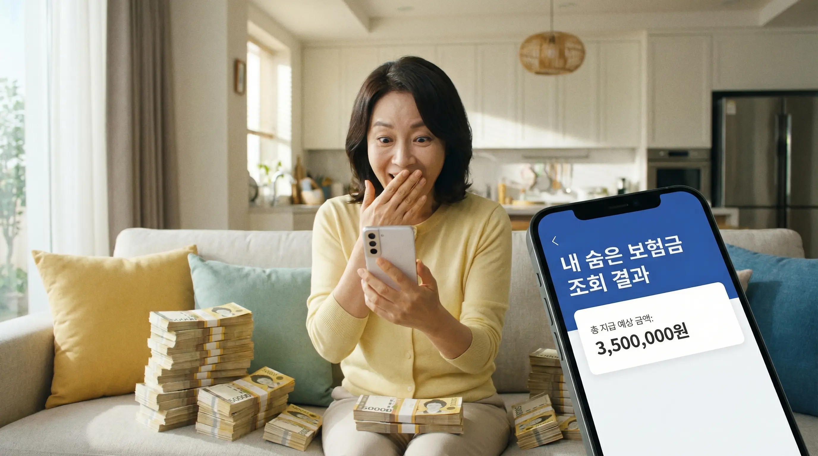 스마트폰으로 숨은 보험금 조회 화면을 보며 쌓인 돈다발을 발견하고 기뻐하는 모습