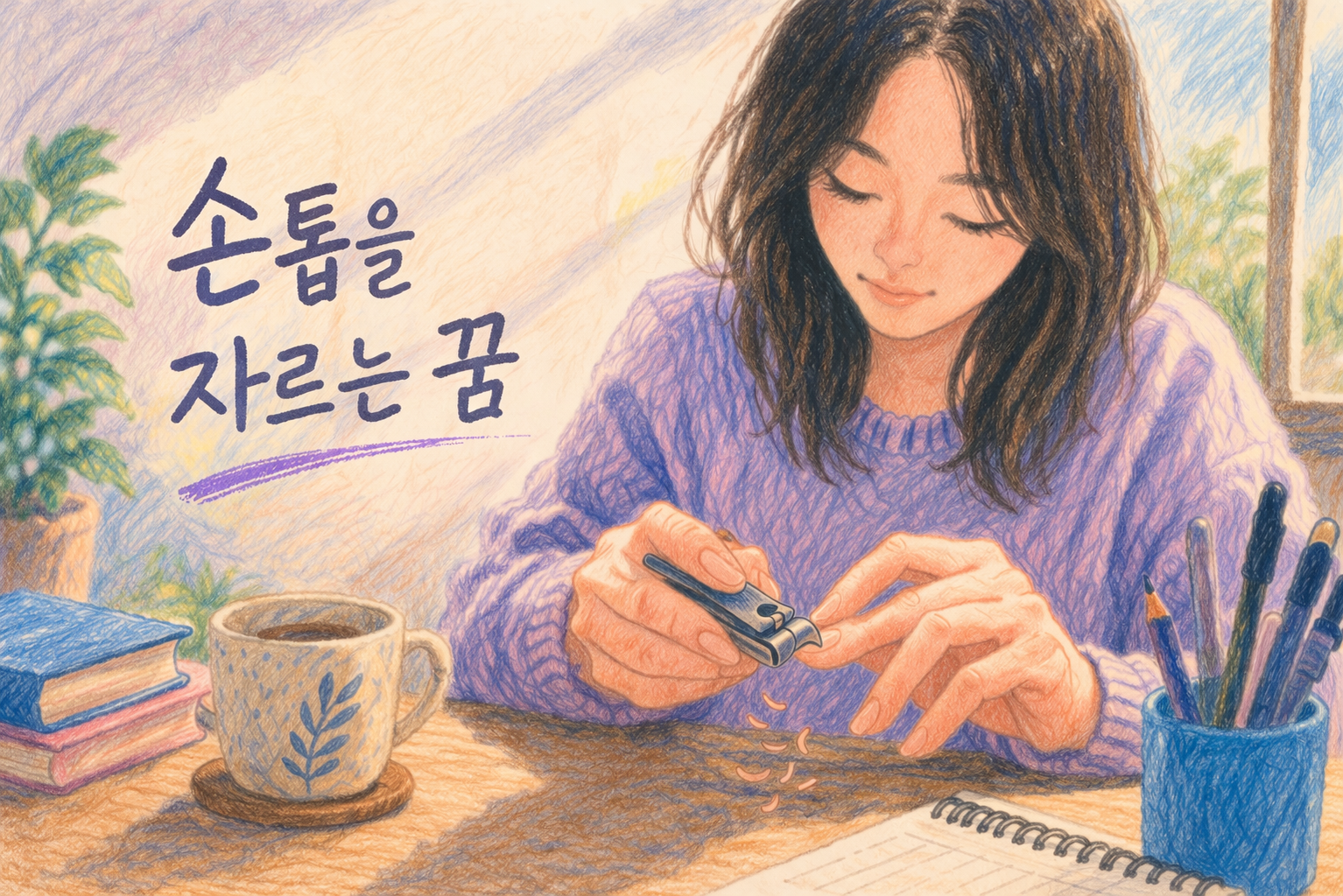 색연필 질감의 일러스트로, 여성이 손톱을 자르는 차분한 실내 장면
