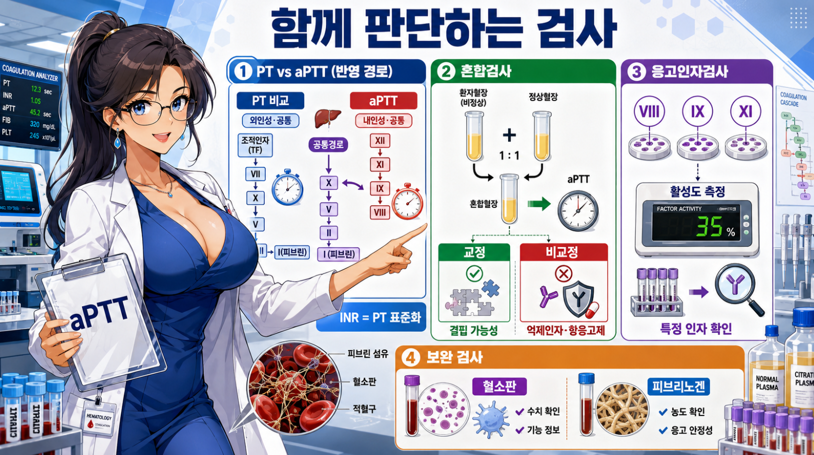 aPTT와 PT, 혼합검사, 응고인자검사의 역할 차이를 비교하는 메디컬 인포그래픽