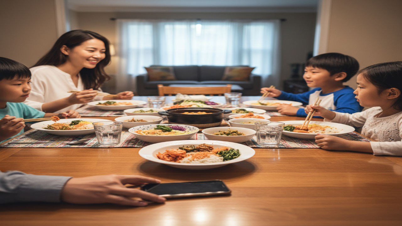 식사 중 휴대폰 사용을 줄이고 식사에 집중하는 모습
