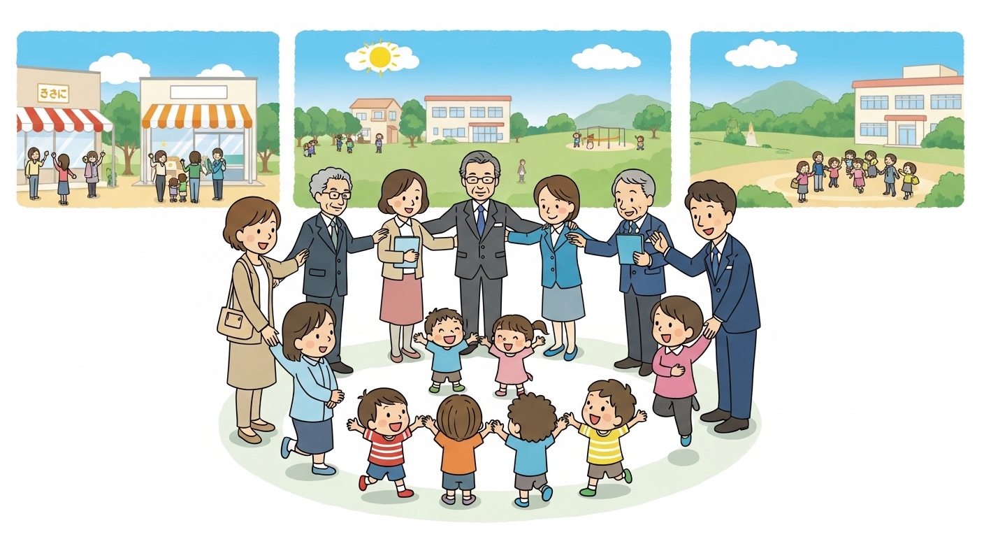 다양한 지역 주민과 전문가들이 함께 모여 아이들을 둘러싸고 있는 모습. 지역 사회가 초등돌봄을 위해 협력하고 지지하는 따뜻한 분위기를 표현합니다.