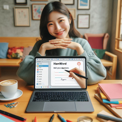 노트북에서 한글 문서 서명 기능을 사용하는 여성
