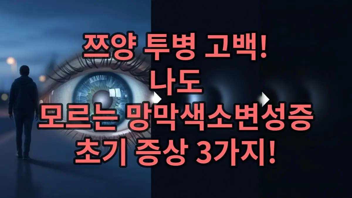 망막색소변성증 진행 과정을 시각적으로 보여주는 이미지. 주변 시야가 점차 어두워지며 중앙 시야만 남는 터널 시야의 모습.