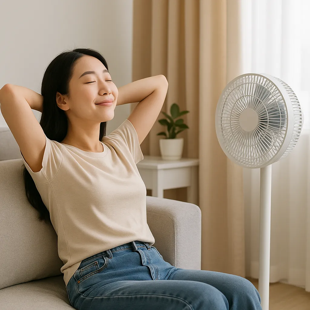 거실에서 선풍기 바람을 쐬며 편안히 쉬는 여성