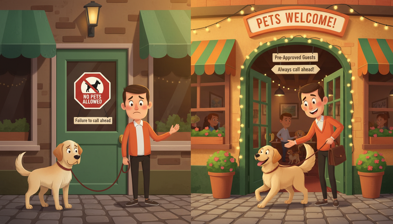 반려동물 동반 식당 방문 전 전화 확인의 중요성을 나타내는 대조적인 두 가지 상황. 한쪽은 반려견과 함께 입장을 거부당하는 모습, 다른 쪽은 환영받으며 들어가는 모습.