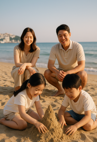 바닷가 해변에서 아이들이 모래놀이를 하고 그 모습을 보고 있는 부모 모습