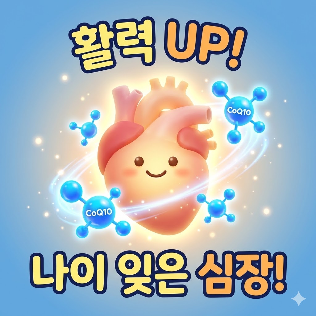 웃는 얼굴의 귀여운 심장 캐릭터가 코엔자임 Q10 분자들로부터 에너지를 받아 활기차게 빛나는 모습. '활력 UP! 나이 잊은 심장!' 문구가 삽입된 3D 카툰 일러스트.