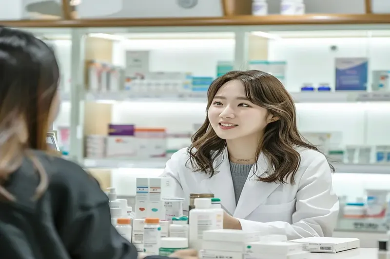 사후피임약 구입과 약국 내부를 보여주는 사진입니다.
