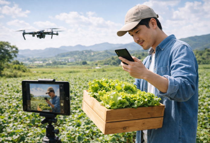 스마트폰과 태블릿을 활용해 수확한 농산물을 촬영 중인 청년 농업인, 드론이 농장을 비행 중