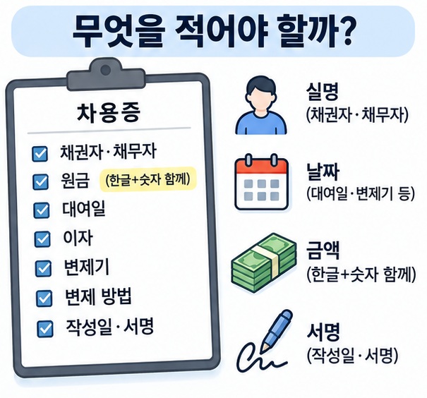 차용증 필수 작성 항목인 당사자 원금 대여일 서명을 정리한 인포그래픽
