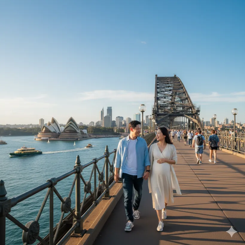 호주의 하버브릿지를 산책하는 부부사진