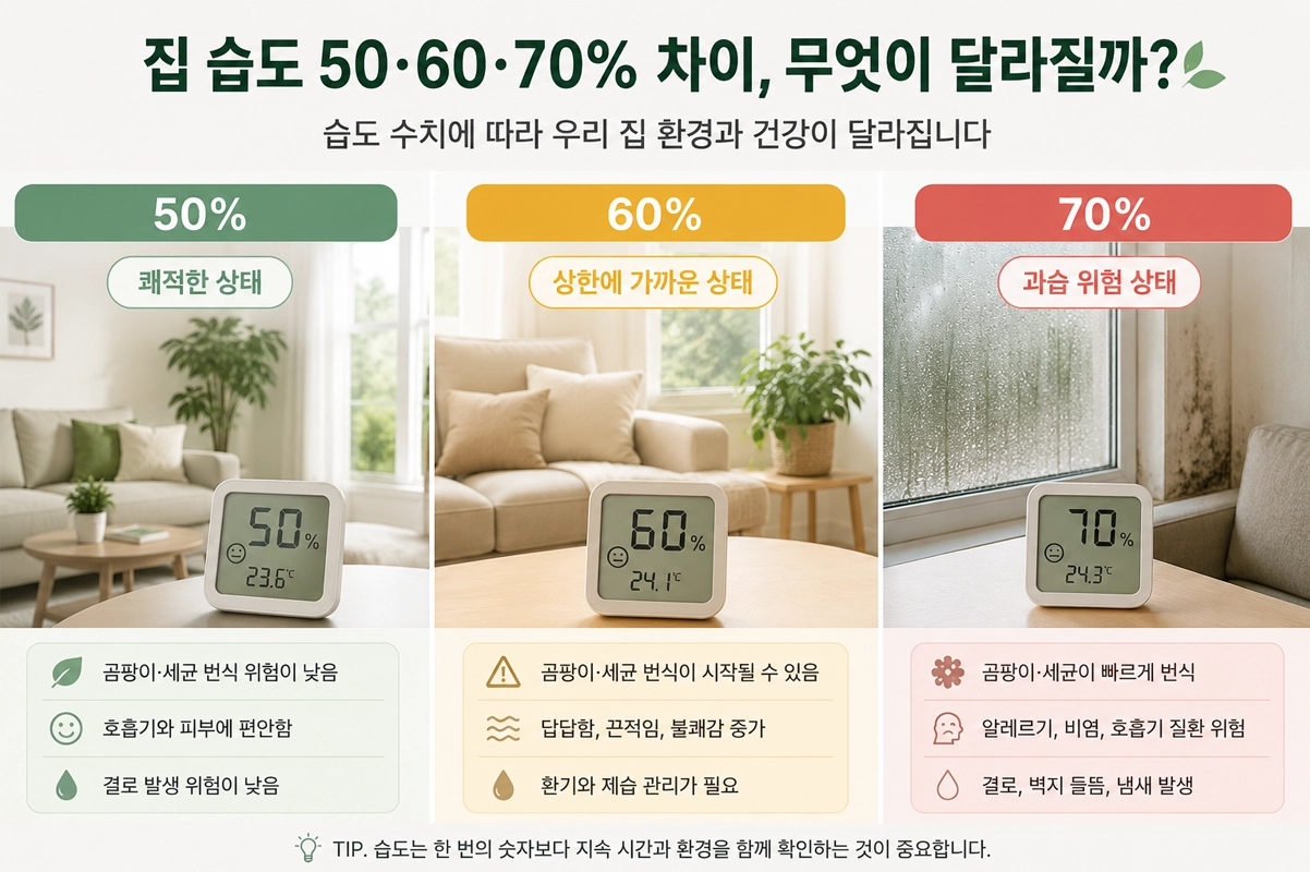 집 습도 50·60·70% 차이를 비교한 인포그래픽으로 적정 습도와 과습 상태, 곰팡이 및 결로 위험, 실내 환경 변화를 한눈에 보여주는 이미지