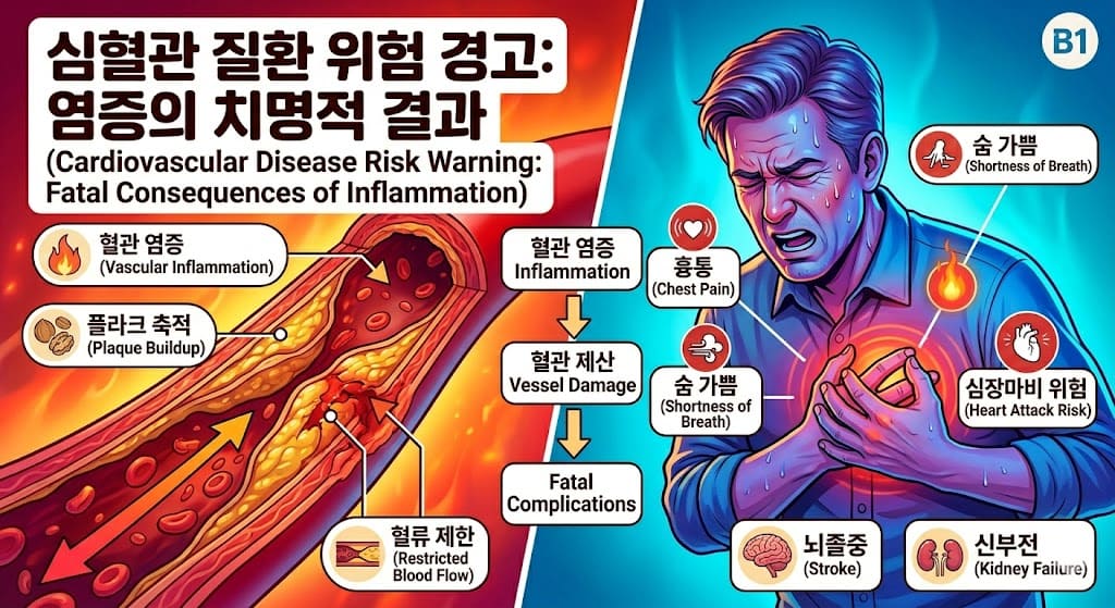 대사 증후군으로 인한 심뇌혈관 질환의 위험성을 경고하는 인포그래픽"/ Medical infographic illustrating the elevated risk of cardiovascular and cerebrovascular complications associated with metabolic syndrome.