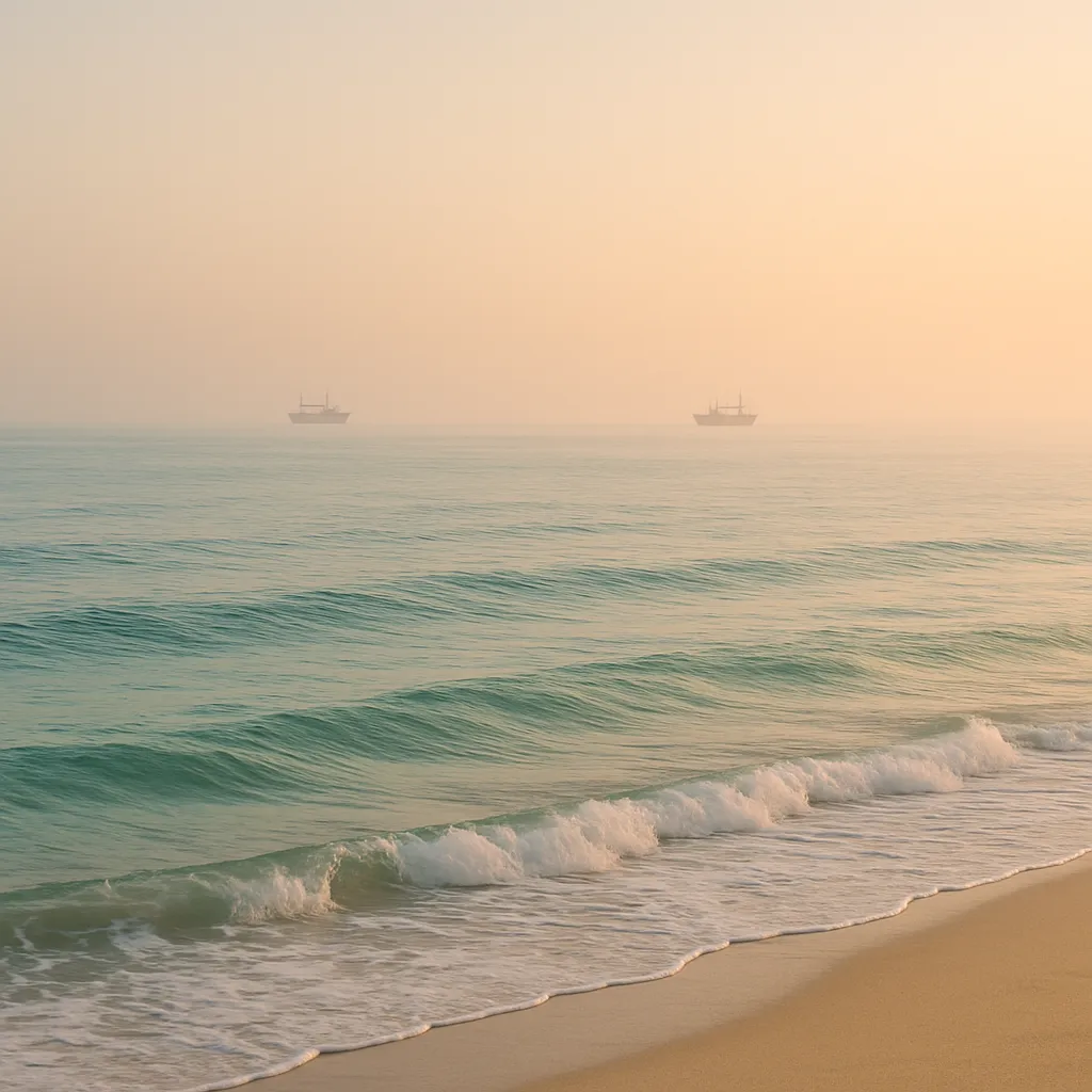 고요한 여름 바다와 수평선 위의 어선 풍경