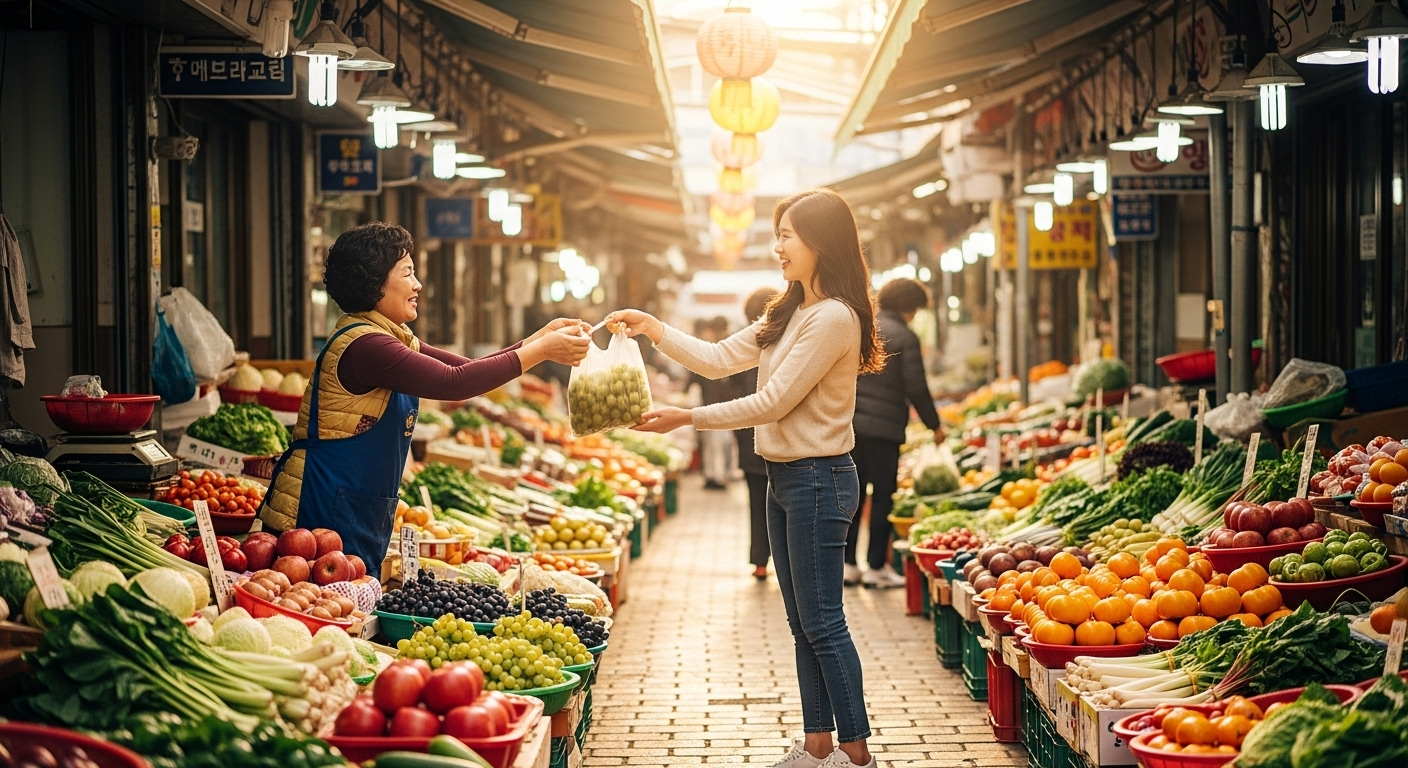 전통시장에서 상인과 손님이 대화를 나누며 거래하는 모습