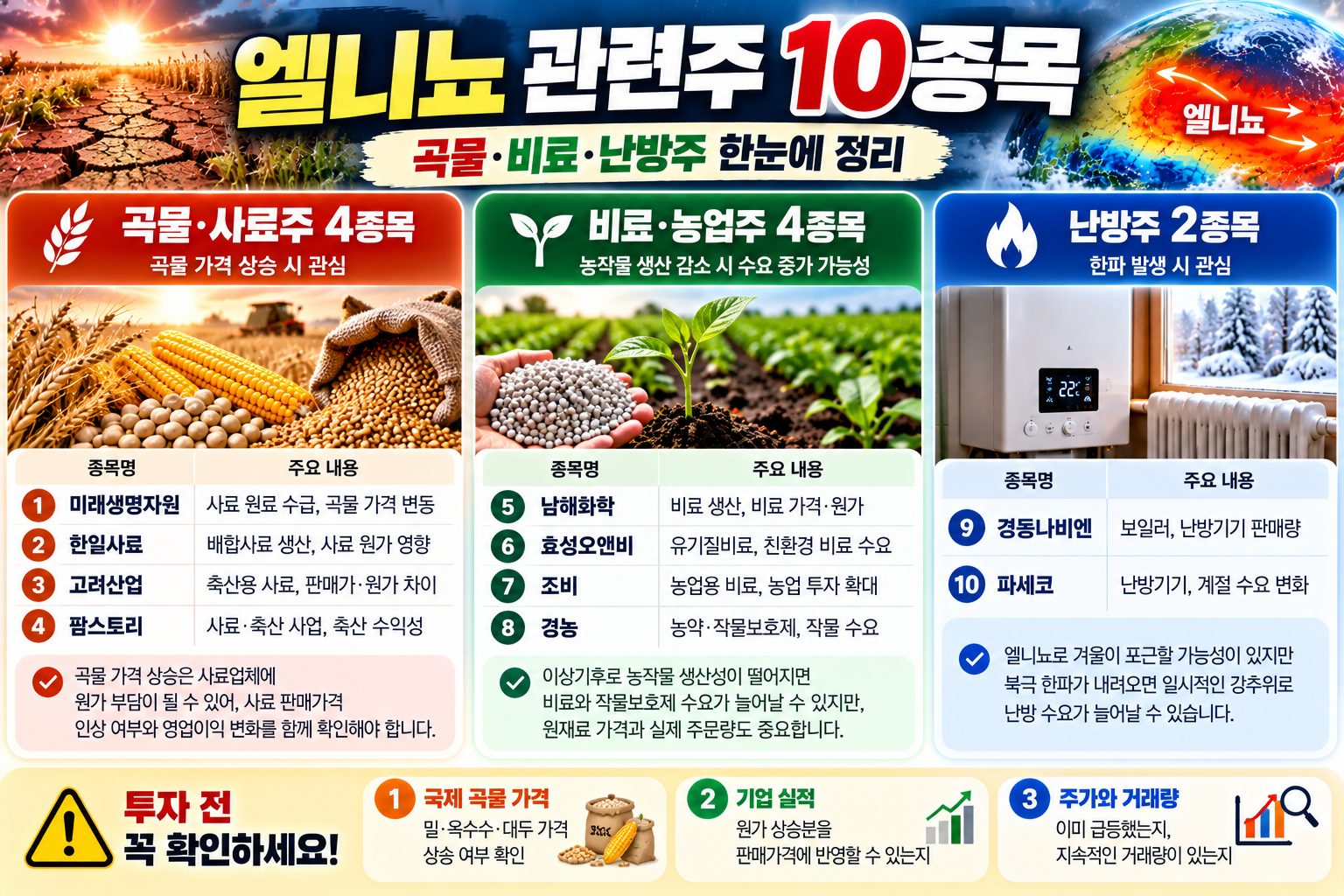 엘니뇨 관련주 10종목 곡물 사료 비료 난방 업종별 분류