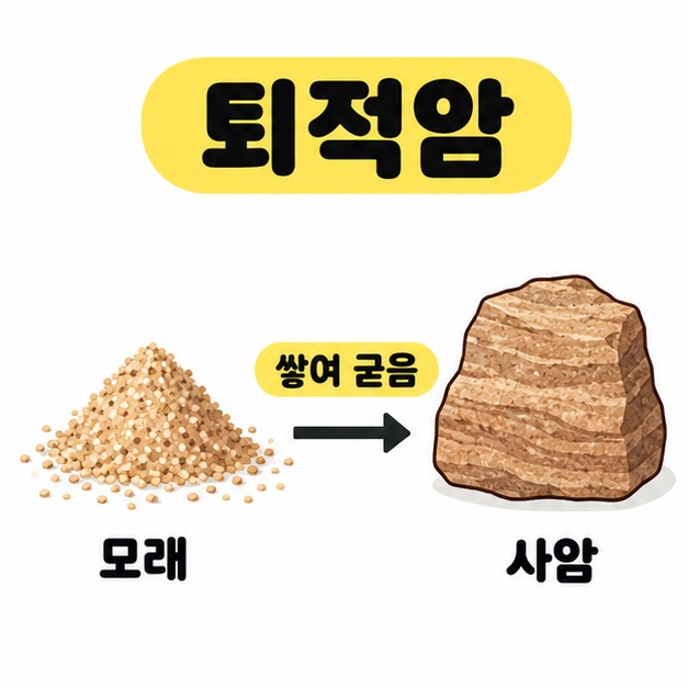 퇴적암 제목 아래 모래 더미가 쌓여 굳어 사암이 되는 과정을 화살표로 나타낸 그림