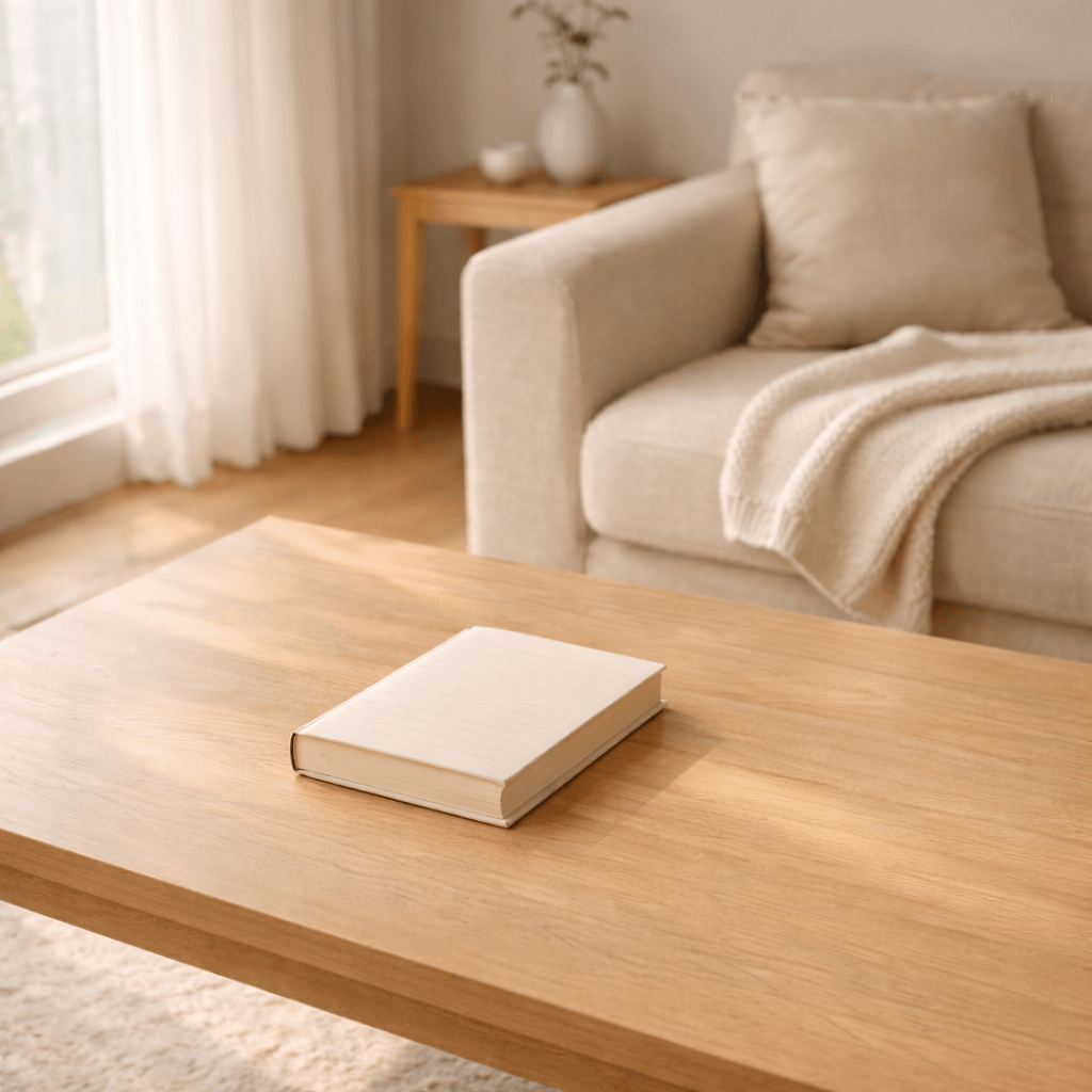 자연광이 들어오는 거실과 소파, 담요, 책이 놓인 차분한 공간