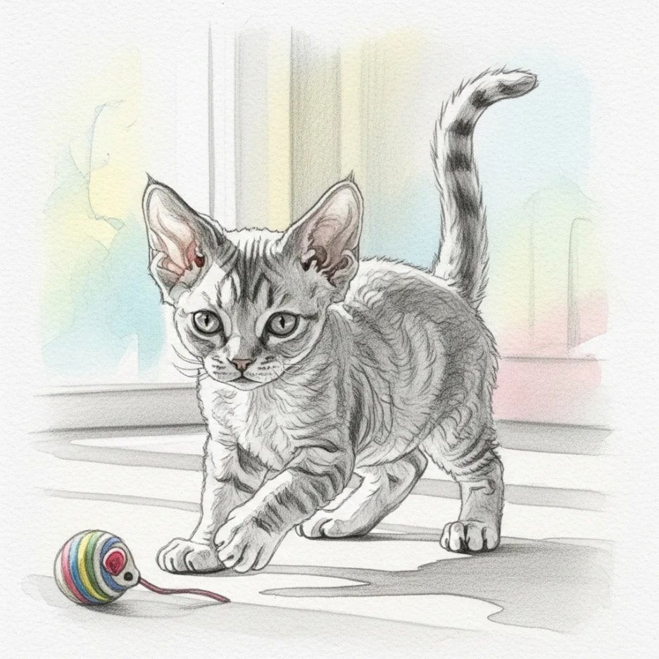 건강하고 호기심 많은 데본렉스 아기 고양이