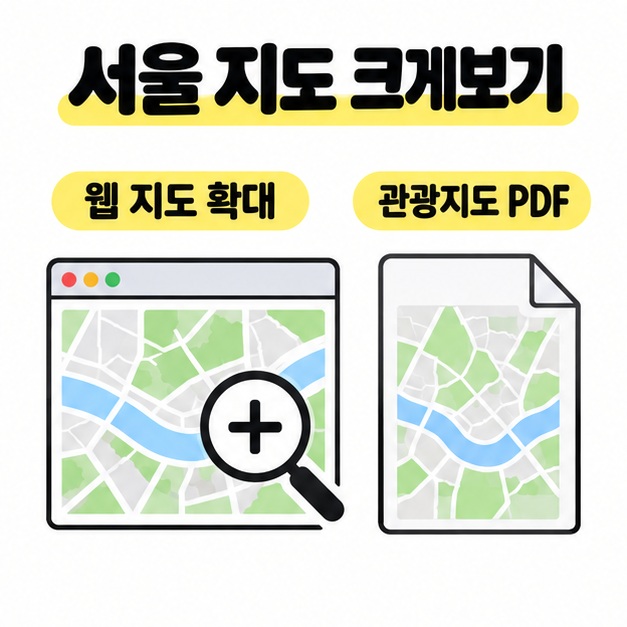 서울 지도 크게보기라는 제목 아래 웹 지도 확대와 관광지도 PDF 활용을 나누어 보여주는 안내 도식