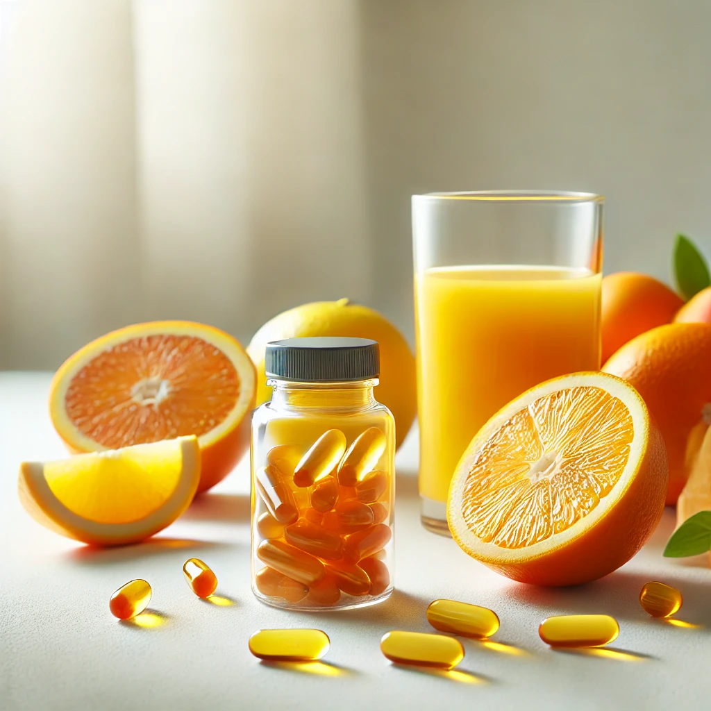 비타민 C 보충제와 함께 건강한 생활을 하는 모습