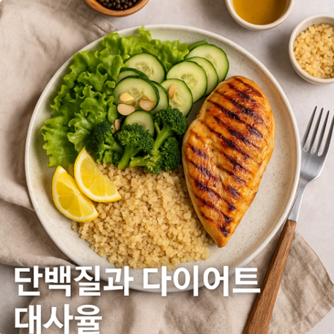 단백질 식단으로 구성된 건강한 다이어트 한 끼 &mdash; 닭가슴살, 샐러드, 퀴노아가 한 접시에 담긴 모습. 균형 잡힌 단백질 식단이 대사율을 높여주는 이미지를 표현.