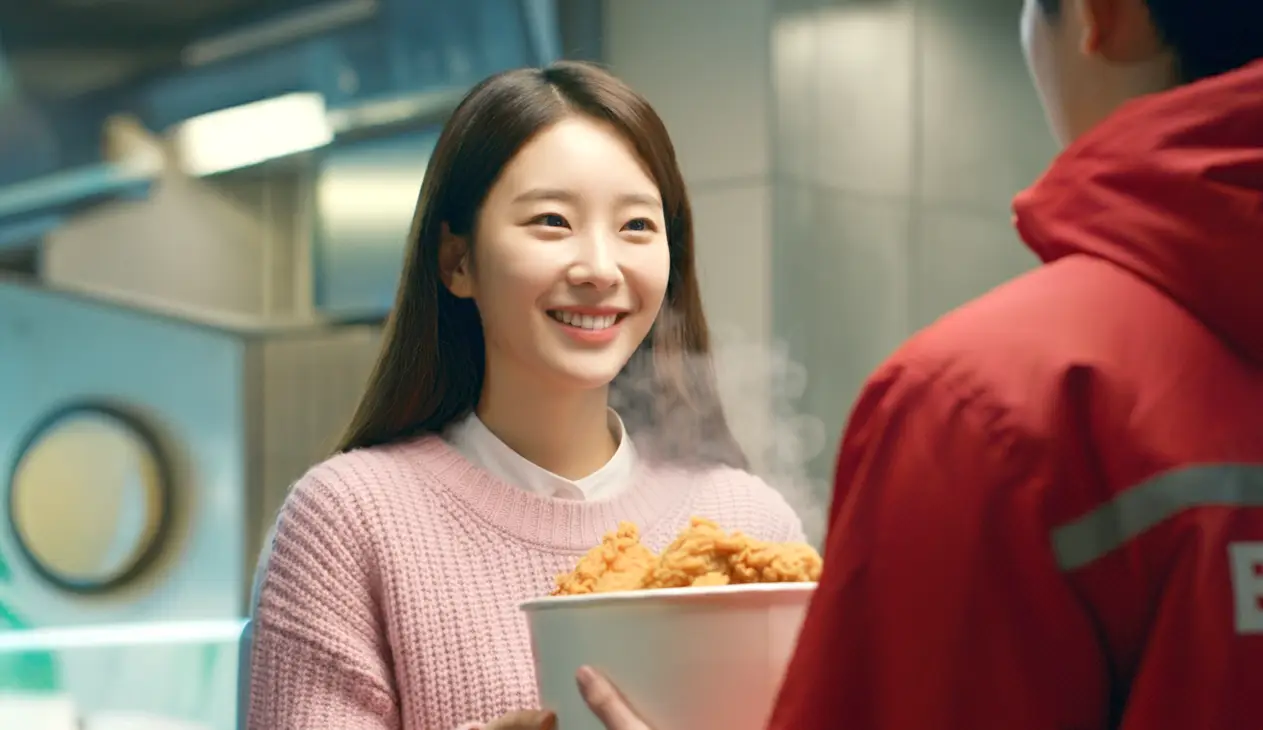 치킨을 배달받는 여성