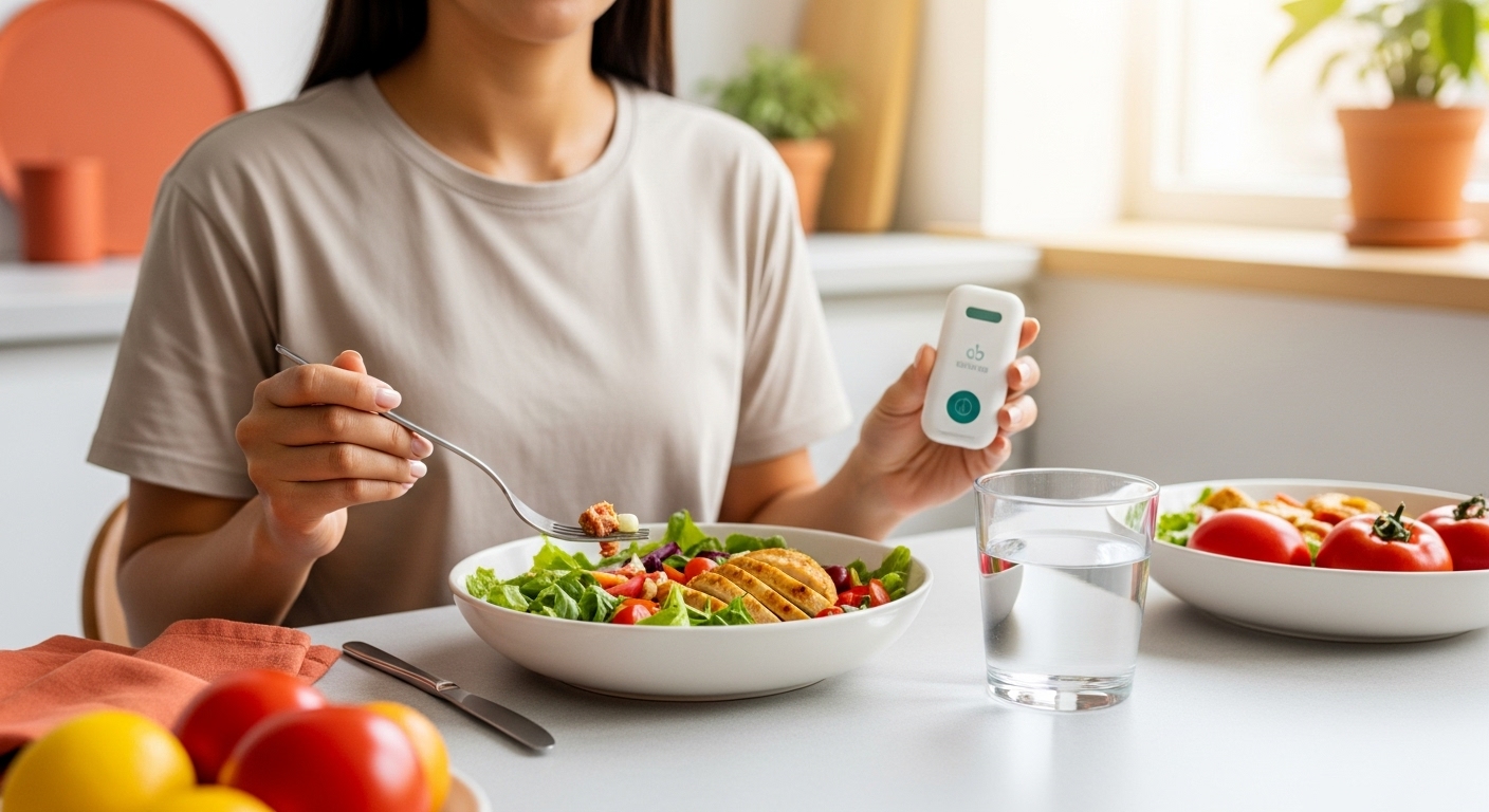 건강한 식단을 즐기는 사람. 균형 잡힌 식사와 함께 건강 관리 습관의 중요성을 보여주는 이미지.