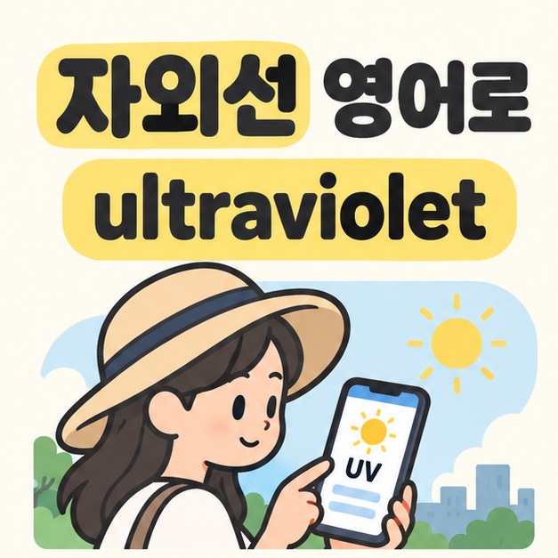 자외선 영어로 제목과 ultraviolet 단어 아래 모자를 쓴 사람이 야외에서 휴대전화의 UV 표시를 확인하는 모습