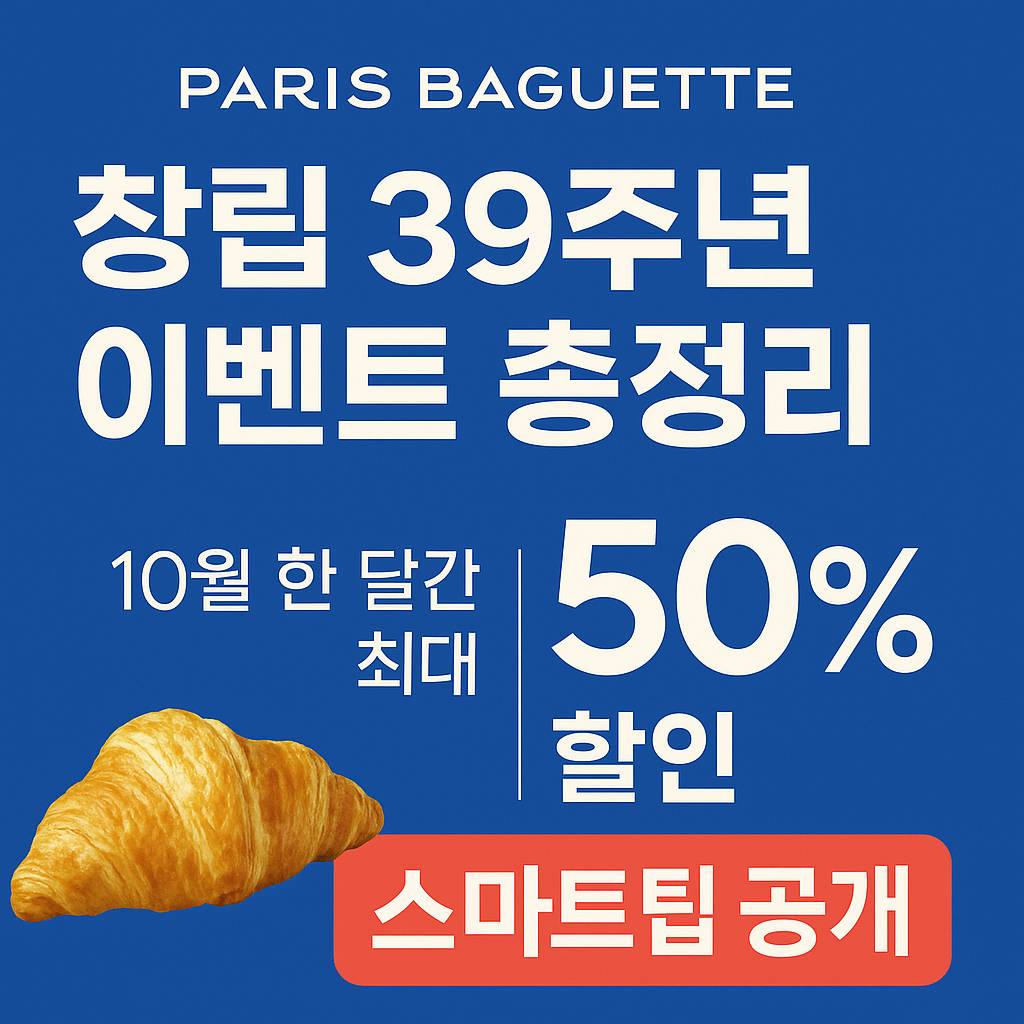 파리바게뜨 창립 39주년 기념 이벤트 홍보 이미지, 푸른색 배경에 케이크와 크루아상, &lsquo;39주년 THANK YOU EVENT&rsquo; 문구가 포함된 고급 베이커리 프로모션 썸네일