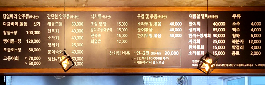당일바리 횟집 메뉴